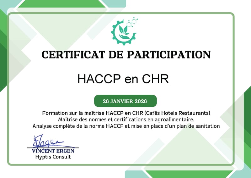 Certificat de participation « HACCP en CHR » du 26 janvier 2026, signé par Vincent Ergen, Hyptis Consult